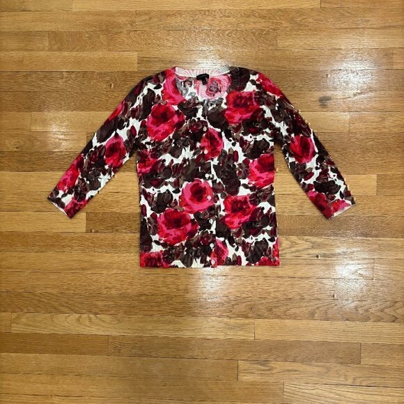 Talbots Rose Watercolor Cardigan Sweater 3/4 Length Sleeves XS - Picture 1 of 4